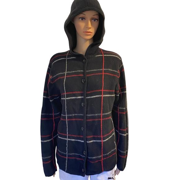 Vintage Cherokee Women S Black Plaid Wool Hooded Button Up Cardigan Japan Made - Picture 1 of 8